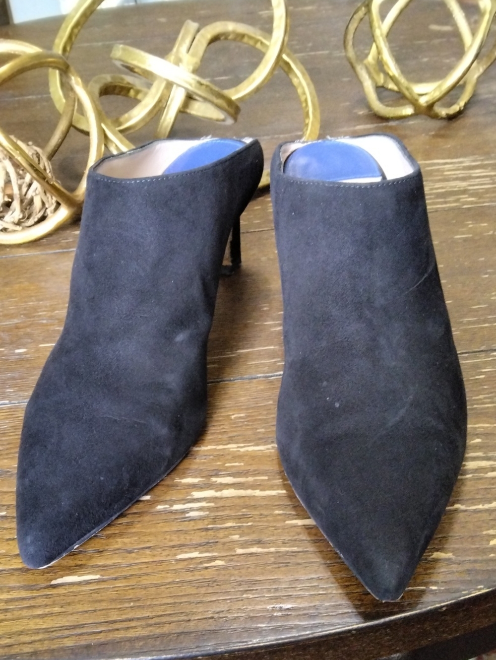 STUART WEITZMAN Black Suede Pointed Toe Slide On Mule Heels